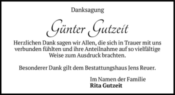 Traueranzeigen Von G Nter Gutzeit Abschied Nehmen De