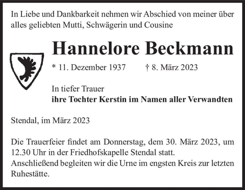 Traueranzeigen Von Hannelore Beckmann Abschied Nehmen De