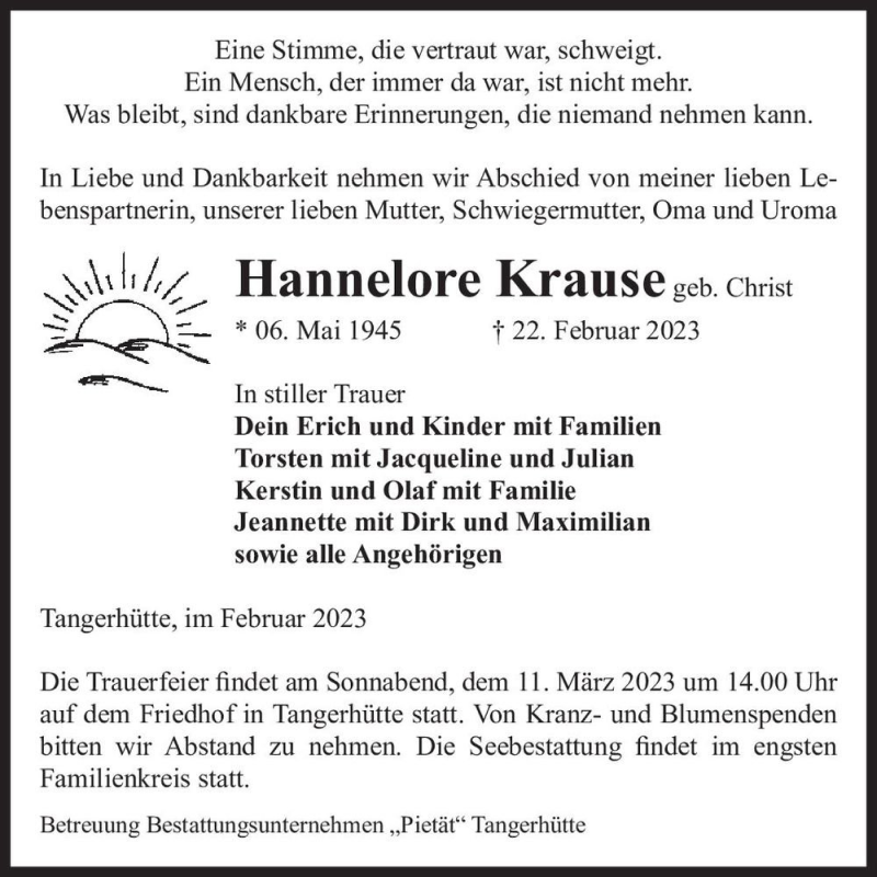 Traueranzeigen Von Hannelore Krause Geb Christ Abschied Nehmen De