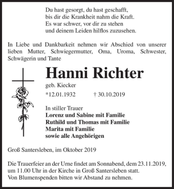 Traueranzeigen Von Hanni Richter Geb Kiecker Abschied Nehmen De