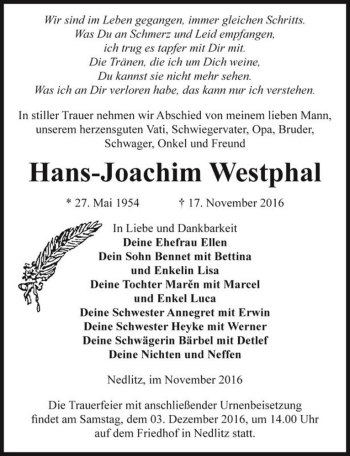 Traueranzeigen Von Hans Joachim Westphal Abschied Nehmen De