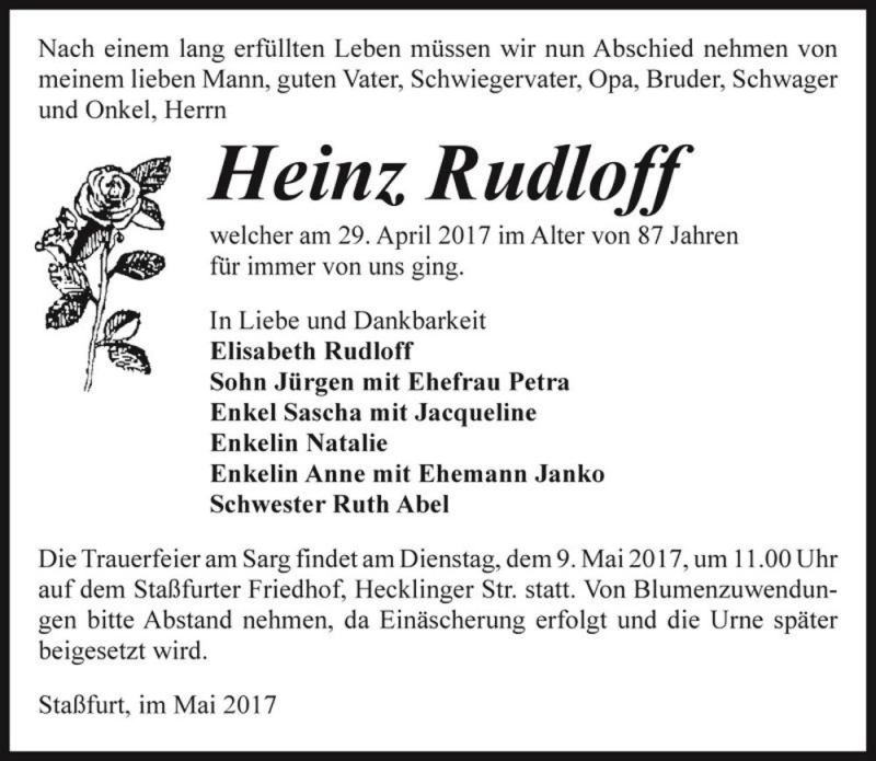 Traueranzeigen Von Heinz Rudloff Abschied Nehmen De