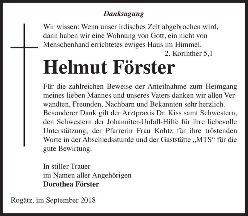 Traueranzeigen Von Helmut F Rster Abschied Nehmen De