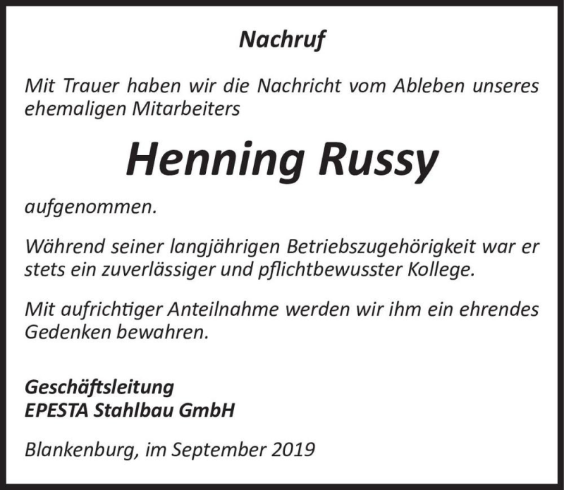 Traueranzeigen Von Henning Russy Abschied Nehmen De