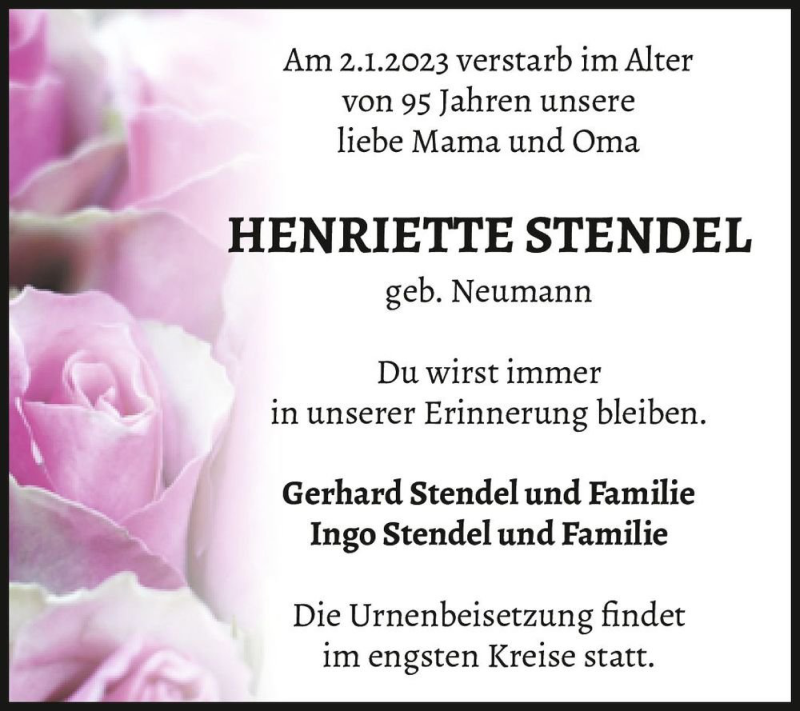 Traueranzeigen Von Henriette Stendel Geb Neumann Abschied