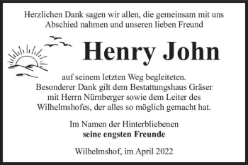 Traueranzeigen Von Henry John Abschied Nehmen De