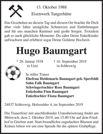 Traueranzeigen Von Hugo Baumgart Abschied Nehmen De