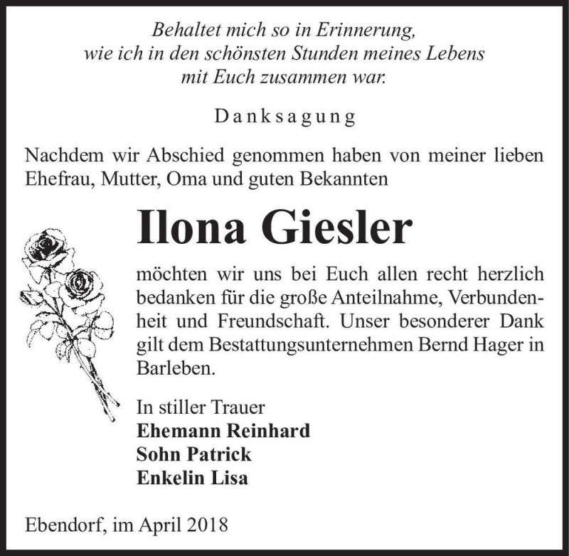 Traueranzeigen Von Ilona Giesler Abschied Nehmen De