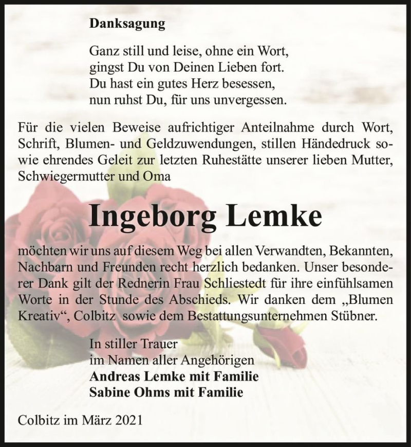 Traueranzeigen Von Ingeborg Lemke Abschied Nehmen De