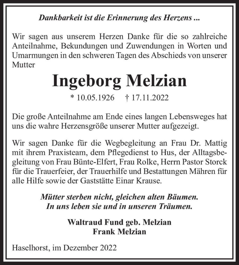 Traueranzeigen Von Ingeborg Melzian Abschied Nehmen De