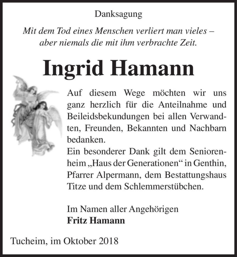 Traueranzeigen Von Ingrid Hamann Abschied Nehmen De