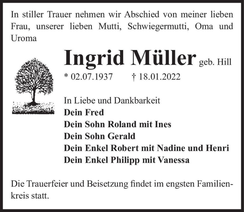 Traueranzeigen von Ingrid Müller geb Hill abschied nehmen de