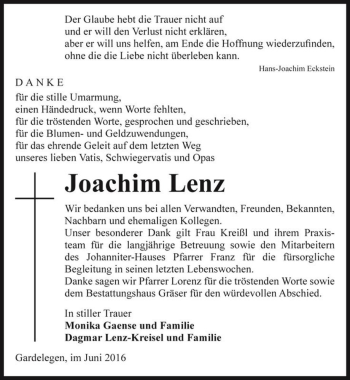 Traueranzeigen Von Joachim Lenz Abschied Nehmen De