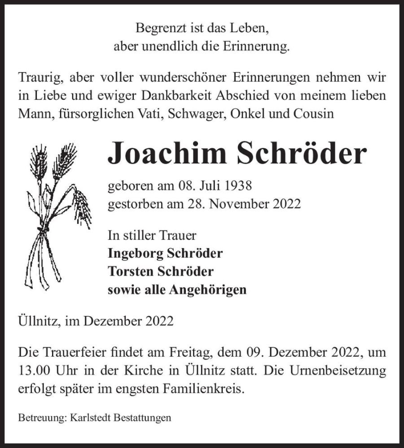 Traueranzeigen von Joachim Schröder abschied nehmen de