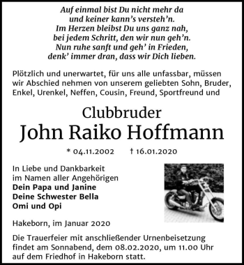 Traueranzeigen Von John Raiko Hoffmann Abschied Nehmen De