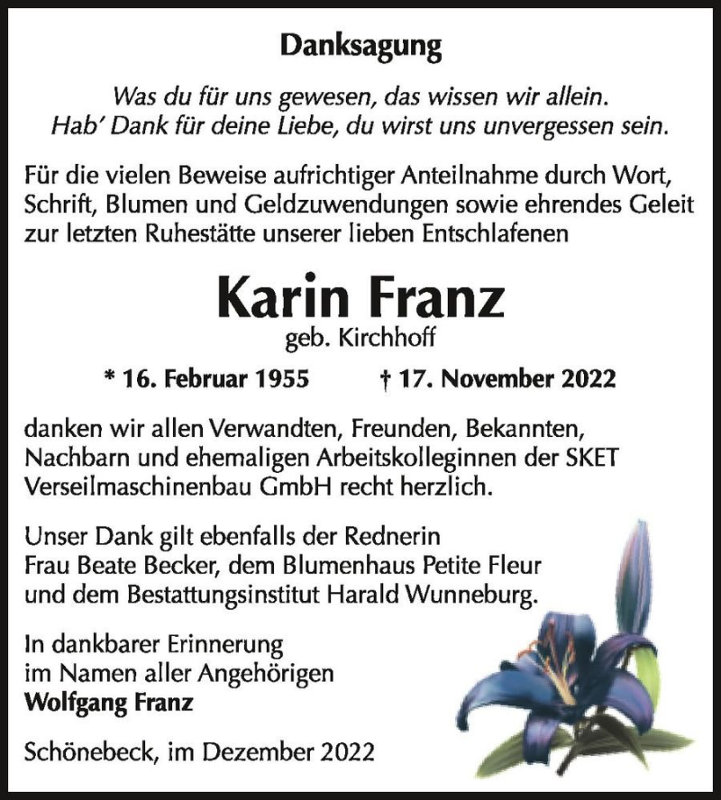 Traueranzeigen Von Karin Franz Geb Kirchhoff Abschied Nehmen De