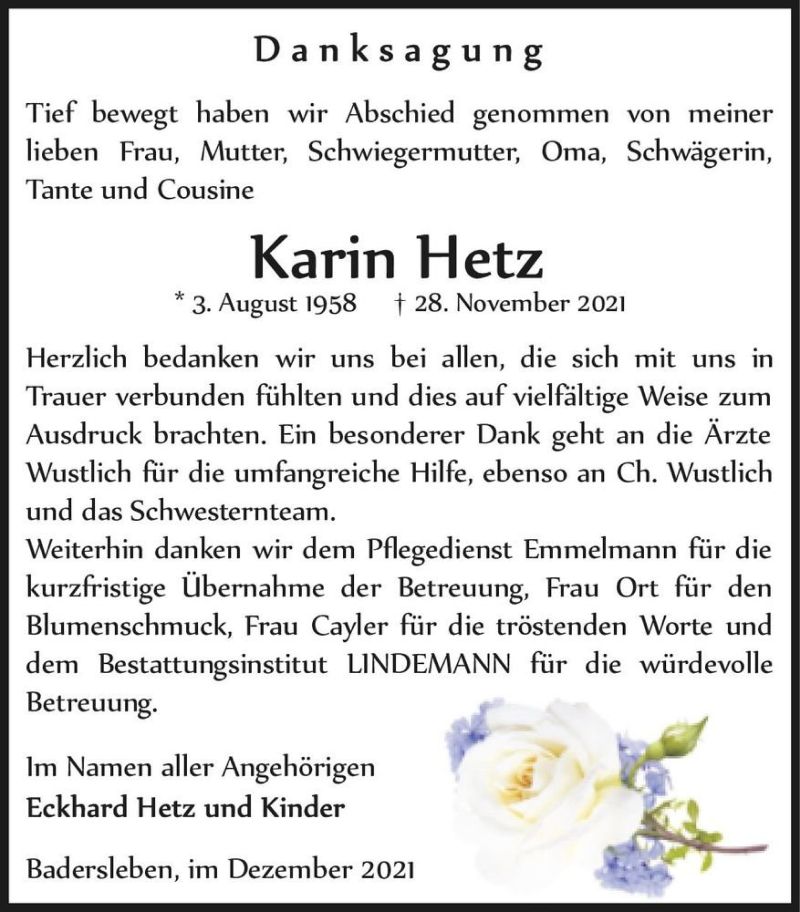 Traueranzeigen Von Karin Hetz Abschied Nehmen De