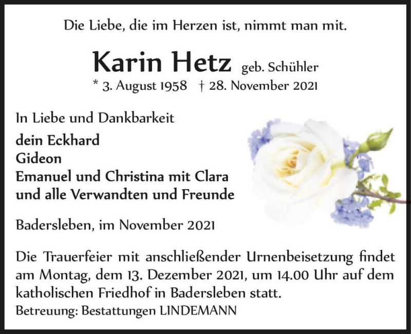 Traueranzeigen Von Karin Hetz Geb Sch Hler Abschied Nehmen De