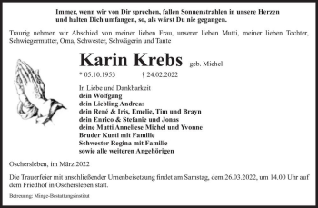 Traueranzeigen Von Karin Krebs Geb Michel Abschied Nehmen De