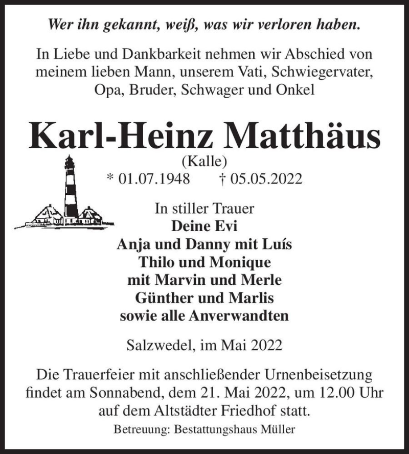 Traueranzeigen Von Karl Heinz Kalle Matth Us Abschied Nehmen De