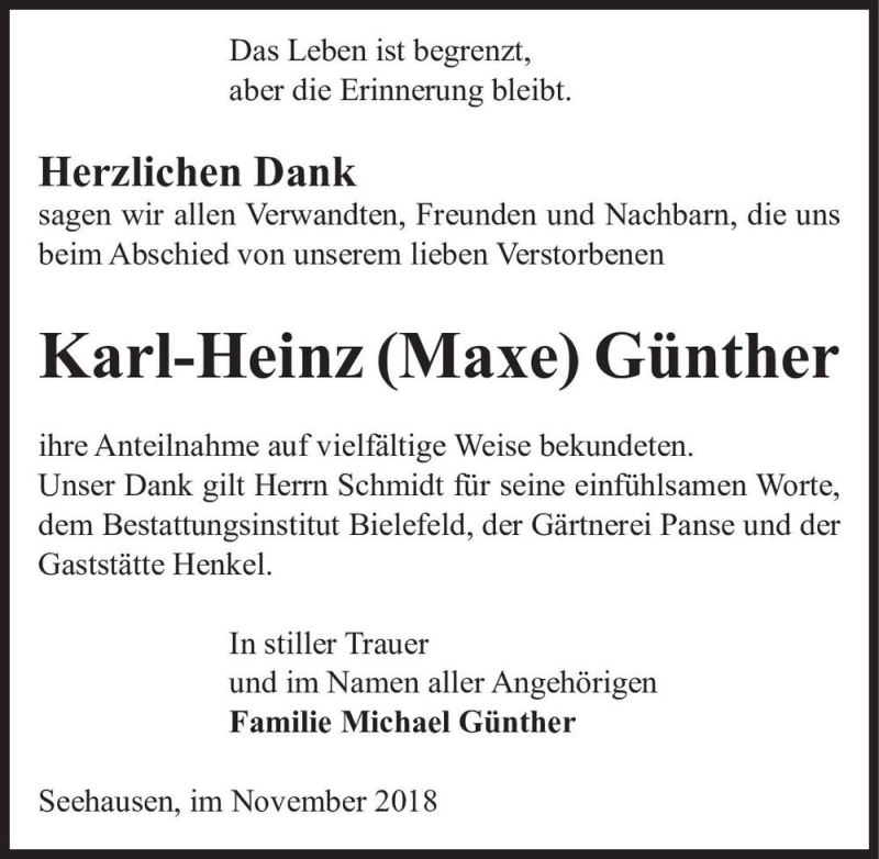 Traueranzeigen von Karl Heinz Maxe Günther abschied nehmen de