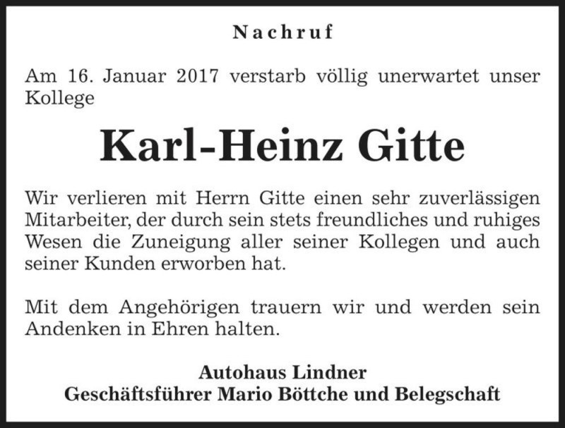 Traueranzeigen Von Karl Heinz Gitte Abschied Nehmen De