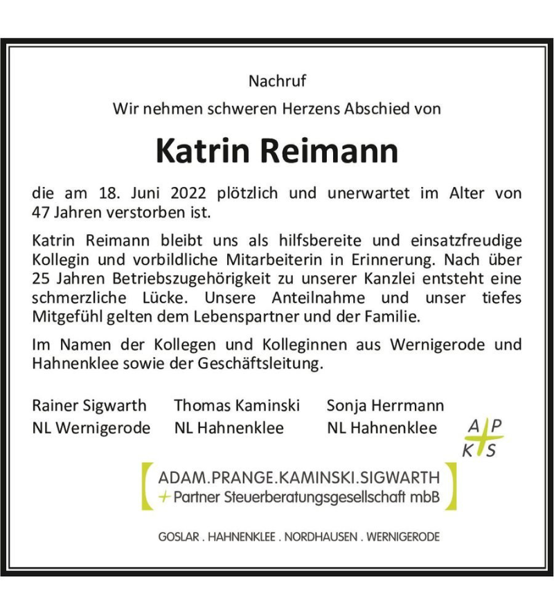 Traueranzeigen Von Katrin Reimann Abschied Nehmen De