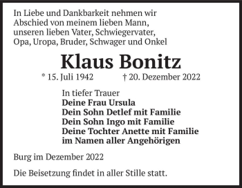 Traueranzeigen Von Klaus Bonitz Abschied Nehmen De