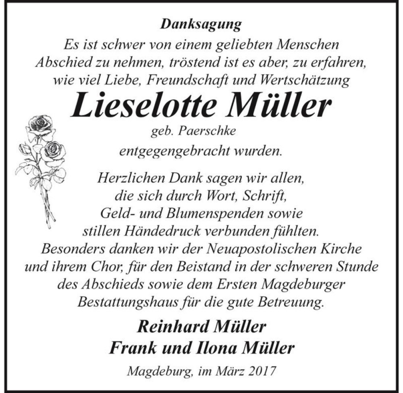 Traueranzeigen von Lieselotte Müller geb Paerschke abschied