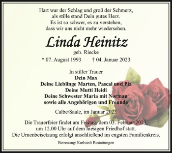 Traueranzeigen Von Linda Heinitz Geb Riecke Abschied Nehmen De