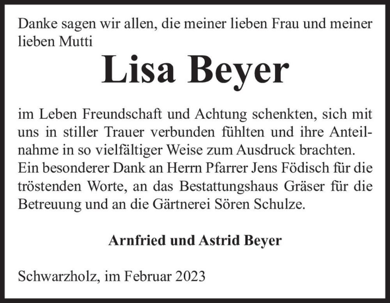 Traueranzeigen Von Lisa Beyer Abschied Nehmen De