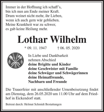 Traueranzeige von Lothar Willhelm  von Magdeburger Volksstimme