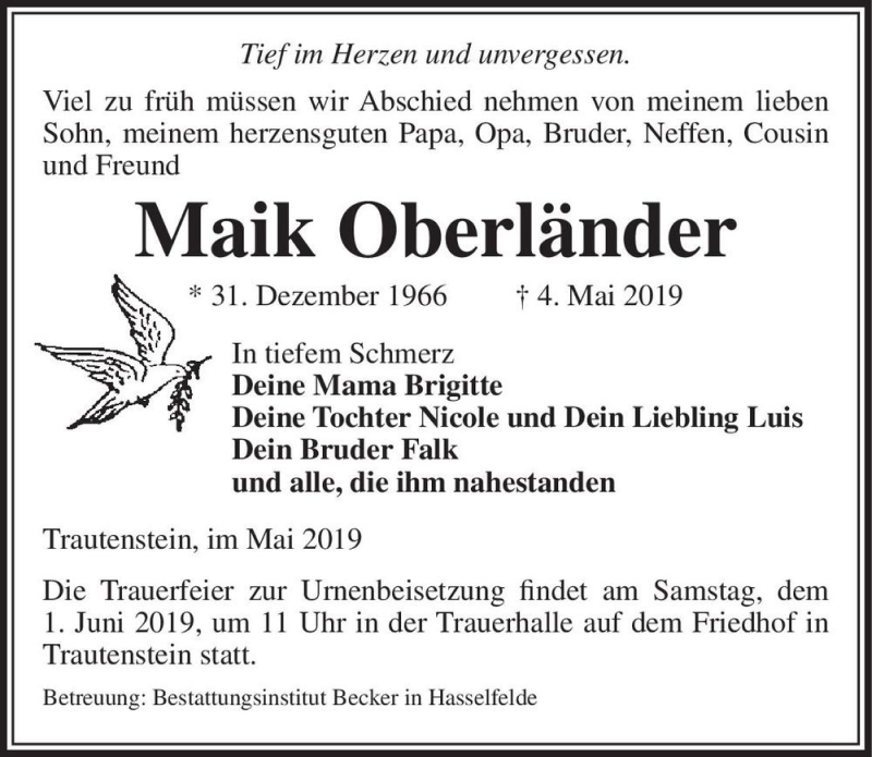 Traueranzeigen Von Maik Oberl Nder Abschied Nehmen De