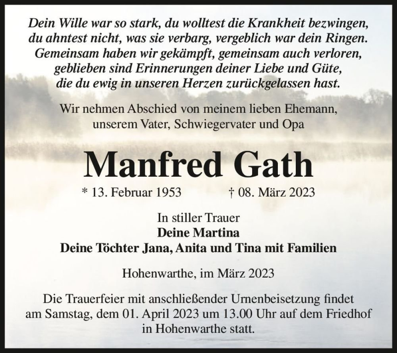 Traueranzeigen Von Manfred Gath Abschied Nehmen De