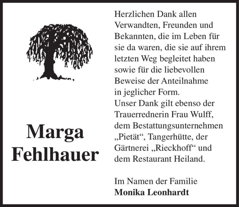 Traueranzeigen Von Marga Fehlhauer Abschied Nehmen De