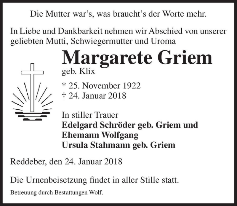 Traueranzeigen Von Margarete Griem Geb Klix Abschied Nehmen De