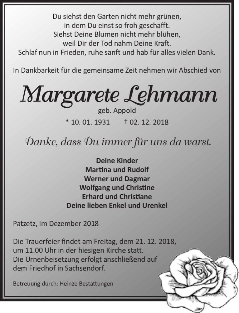 Traueranzeigen Von Margarete Lehmann Geb Appold Abschied Nehmen De