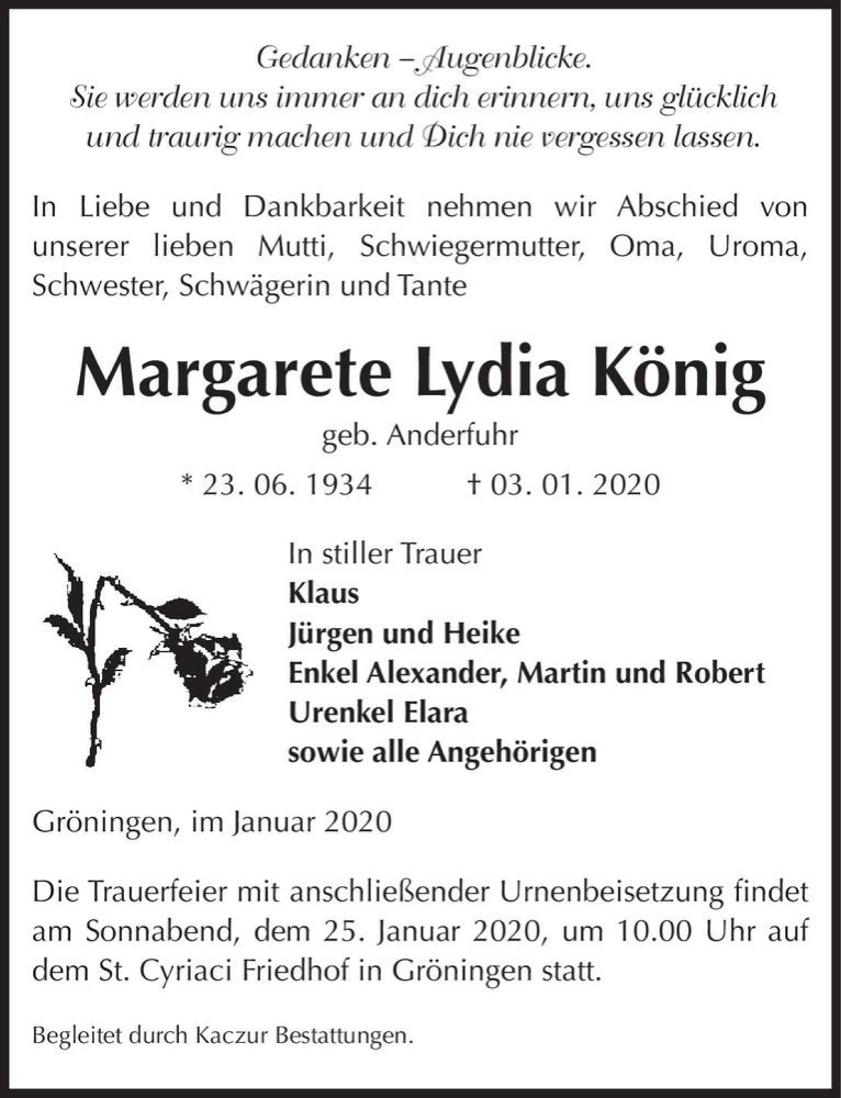 Traueranzeigen von Margarete Lydia König geb Anderfuhr