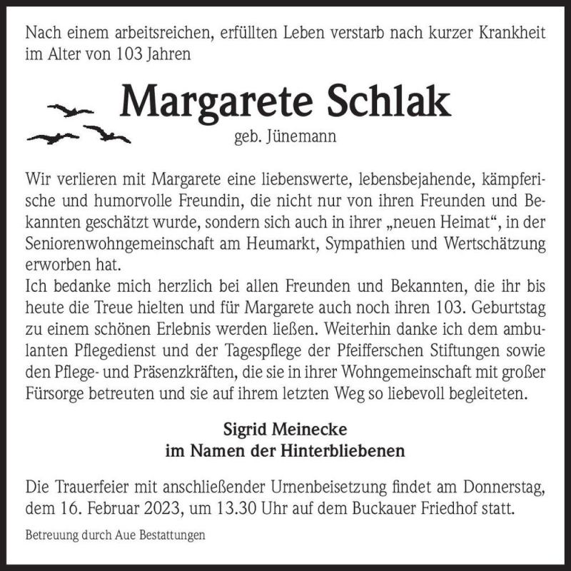 Traueranzeigen Von Margarete Schlak Geb J Nemann Abschied