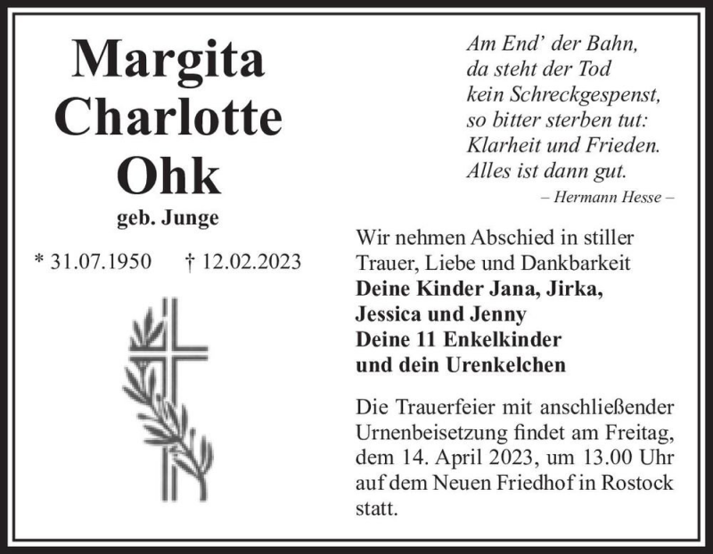 Traueranzeigen Von Margita Charlotte Ohk Geb Junge Abschied