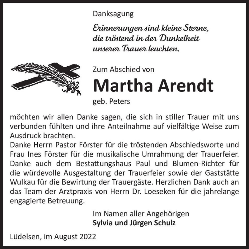 Traueranzeigen Von Martha Arendt Geb Peters Abschied Nehmen De