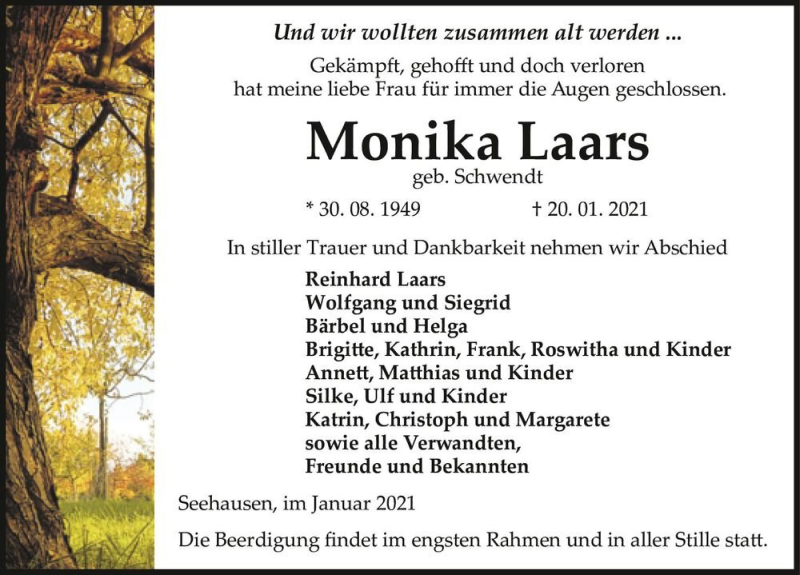 Traueranzeigen Von Monika Laars Geb Schwendt Abschied Nehmen De