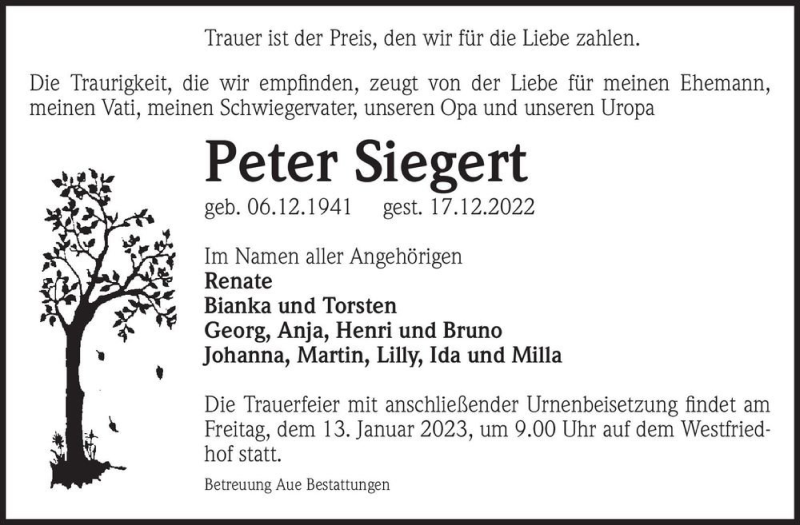 Traueranzeigen Von Peter Siegert Abschied Nehmen De