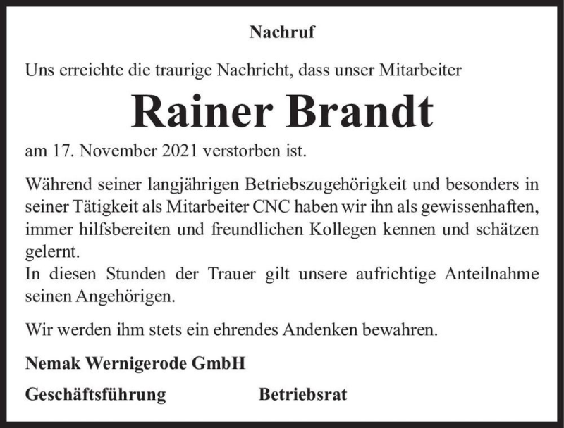 Traueranzeigen Von Rainer Brandt Abschied Nehmen De