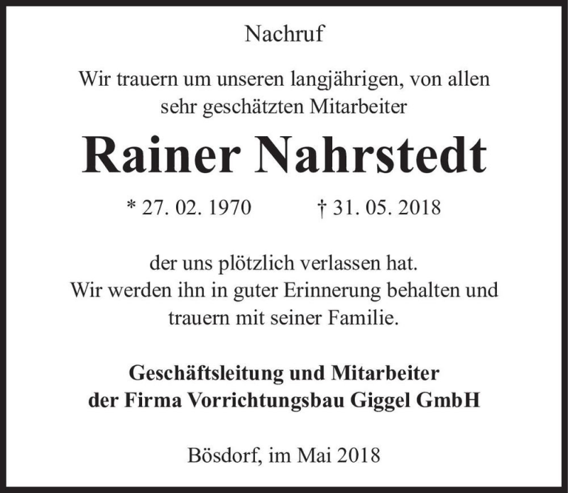 Traueranzeigen Von Rainer Nahrstedt Abschied Nehmen De