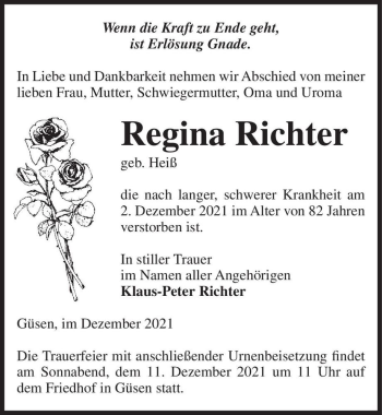 Traueranzeigen Von Regina Richter Geb Hei Abschied Nehmen De