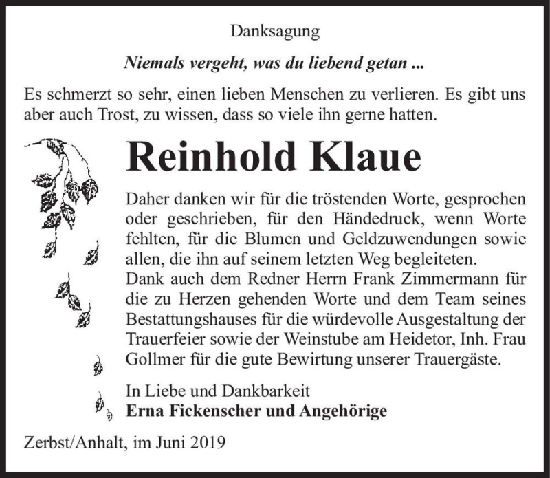 Traueranzeigen Von Reinhold Klaue Abschied Nehmen De