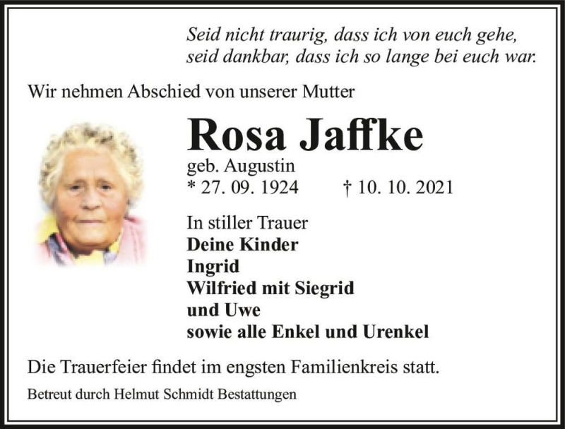 Traueranzeigen Von Rosa Jaffke Geb Augustin Abschied Nehmen De