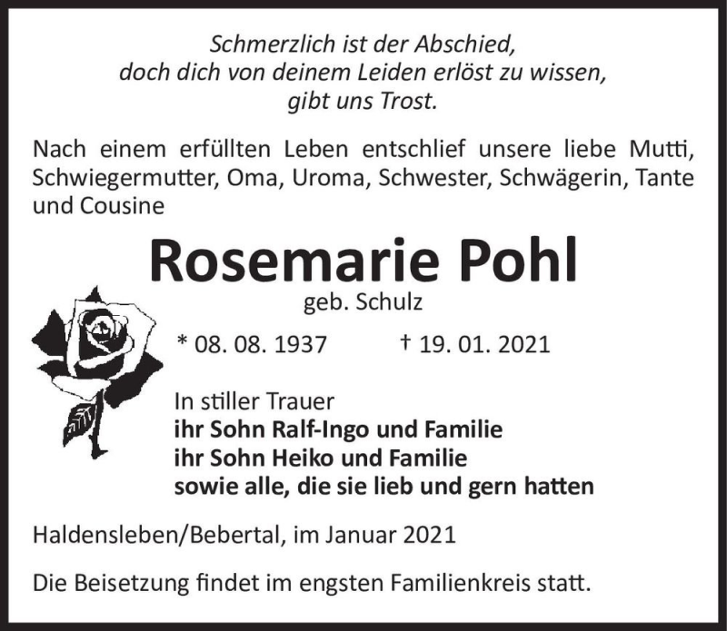 Traueranzeigen Von Rosemarie Pohl Geb Schulz Abschied Nehmen De