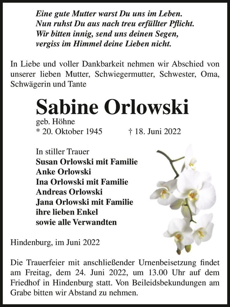 Traueranzeigen von Sabine Orlowski geb Höhne abschied nehmen de